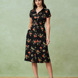 Glória - Robe Midi Noire Fleurie