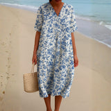 Magnolia - Robe en Ivoire Ornées de Fleurs en Bleu Porcelaine