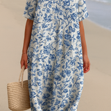 Magnolia - Robe en Ivoire Ornées de Fleurs en Bleu Porcelaine