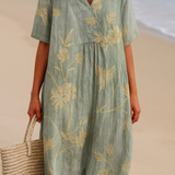 Clementina - Robe Bleu-Gris avec Broderie Florale