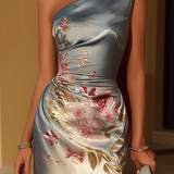 Robe Midi Satinée avec Motif Floral sur Une Épaule