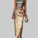 Robe Midi Satinée avec Motif Floral sur Une Épaule
